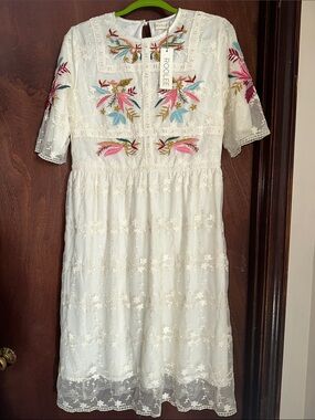 Roolee White Midi Dress with Pink, Blue & Gold Floral Embroidery p2p 19x L42